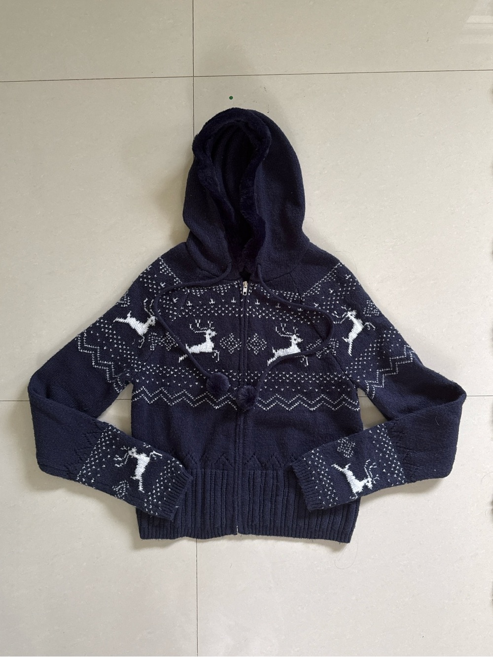 Arden B Navy Hooded Zip Sweater with White Reindeer Knit Pom Poms